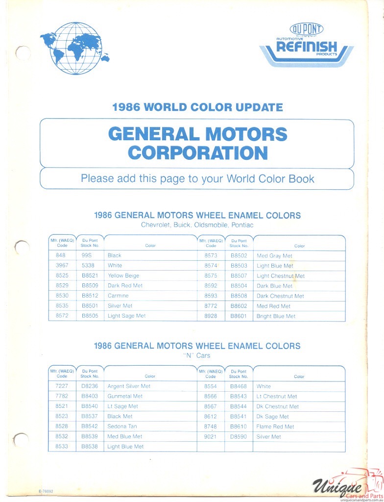 1986 General Motors Paint Charts DuPont 6